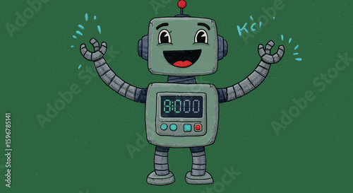 Cheerful robot with digital display and playful gesture on green background