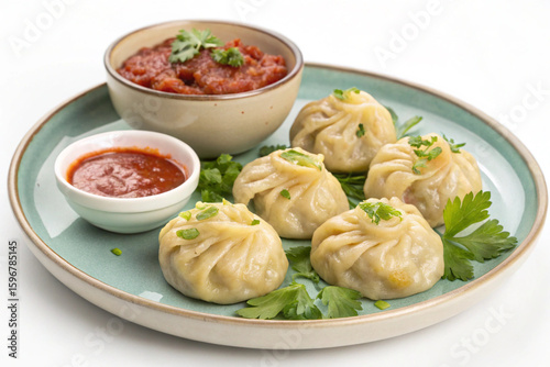 Traditional dumpling momos food from Nepal served with tomato chutney in plate isolated.