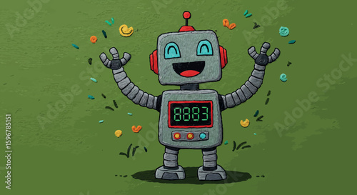 Cheerful cartoon robot with digital display and floral background