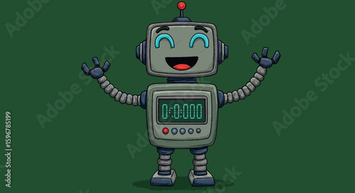 Cheerful retro cartoon robot with digital display and antenna