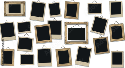 Antique wood picture frames collection: vintage hanging display on white background