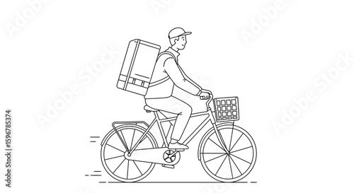 Delivery cyclist with box and basket in minimalist linear style