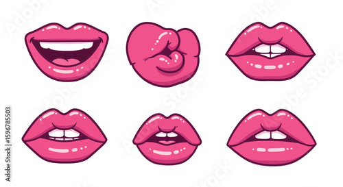 Set of cartoon pink lips with various expressions on white background