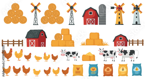 Colorful farm elements collection: barns, animals, windmills, and hay bales