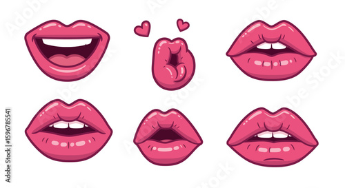 Expressive cartoon pink lips set with various emotions and gestures