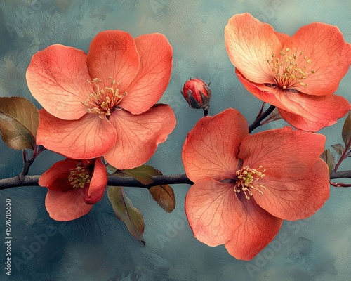 Elegant Coral Quince Blossoms on a Branch
