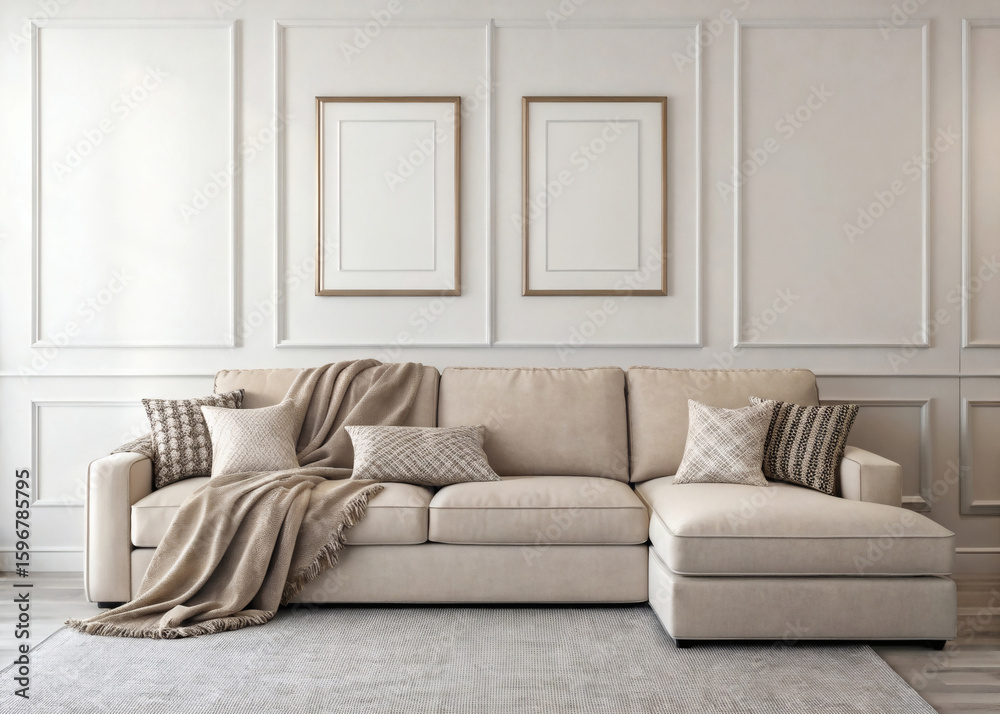 Obraz premium Beige sectional sofa with plush pillows and throw blanket