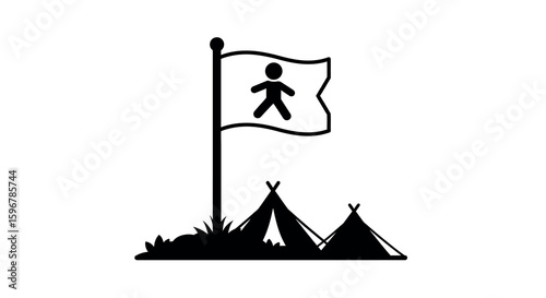 Silhouette of camping tents with flag in minimalist style