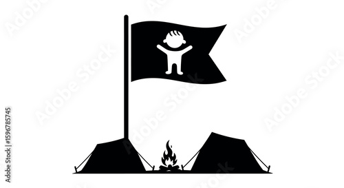 Camping adventure icon: silhouette of tent, campfire, and flag with child symbol