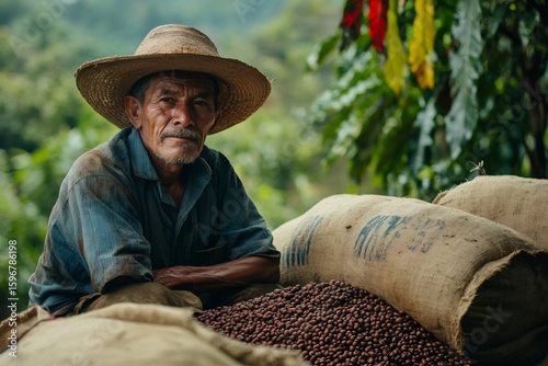 Colombian coffee farmer wearing straw hat resting on burlap sacks filled with harvested coffee beans in a plantation in Colombia