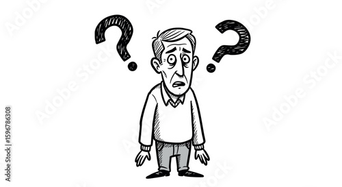 Confused man with question marks: hand-drawn cartoon sketch