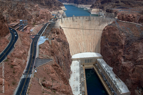 Hoover Dam, Lake Mead, and the Colorado river seen from above on the U.S. Highway 93 bridge at the Arizona/Nevada Border.