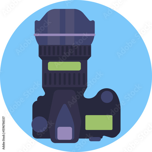 DSLR camera with lens and viewfinder, representing professional photography equipment.