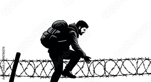 Silhouette of a man climbing barbed wire fence with backpack