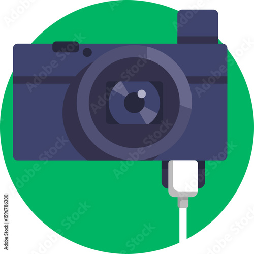 Icon depicting a camera connected to a charger, indicating battery charging.