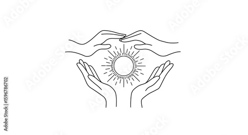 Hands cradling sun with radiating light in minimalist linear style