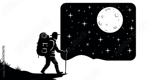Silhouette of a night hiker under a starry sky with full moon