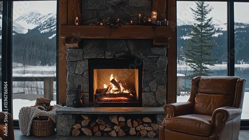 Cozy Fireplace in Mountain Cabin Living Room with Leather Armchairs and Large Windows Showing Snowy Landscape