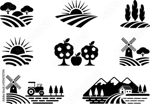 Rural landscape scenes with trees windmills tractor and mountains nature agriculture