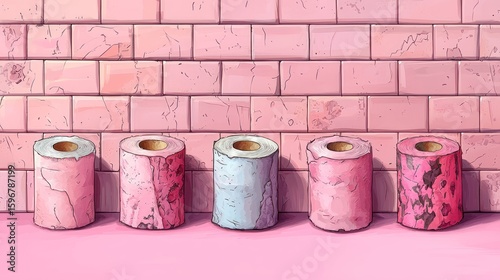 Five Pink Toilet Paper Rolls Against a Pink Brick Wall