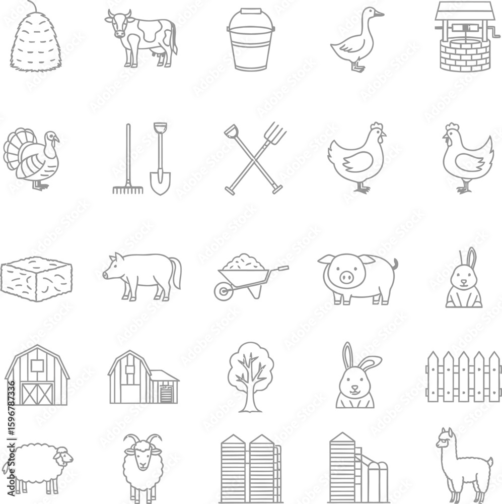 Fototapeta premium Minimalist farm animals and tools line art icons vector illustration for agricultural projects and educational materials.