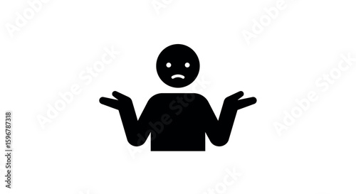 Confused person shrugging with sad face icon in black silhouette style