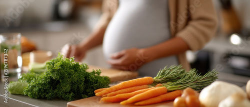 Pregnant woman preparing healthy meals in a kitchen filled with fresh vegetables. healthy nutrition during pregnancy, balance