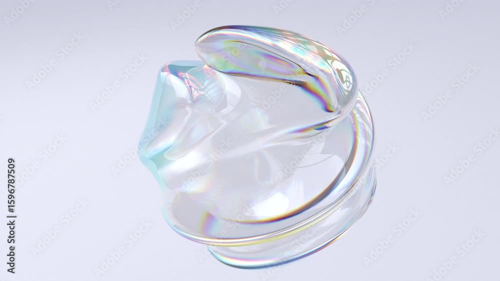 Iridescent 3d rendering shape with rainbow gradient dispersion. Abstract transparent glass metaball with holographic effect. Looped organic fluid form
