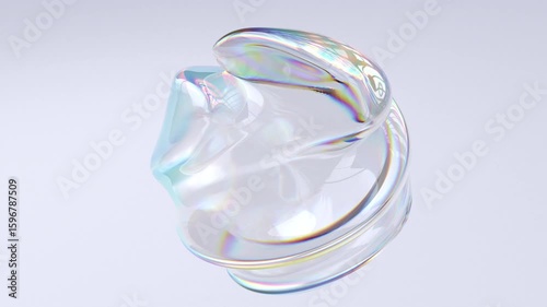 Iridescent 3d rendering shape with rainbow gradient dispersion. Abstract transparent glass metaball with holographic effect. Looped organic fluid form