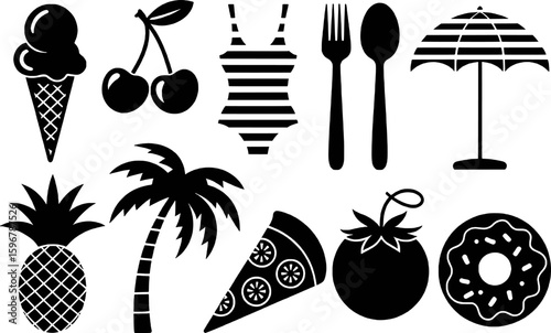 Summer vacation icons including ice cream cone cherries swimsuit fork spoon umbrella pineapple palm tree pizza tomato donut