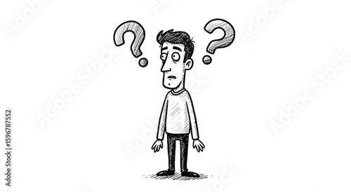 Confused man with question marks in sketch style