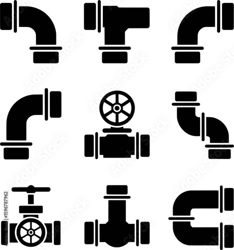 Various black pipe fittings and valves plumbing connection
