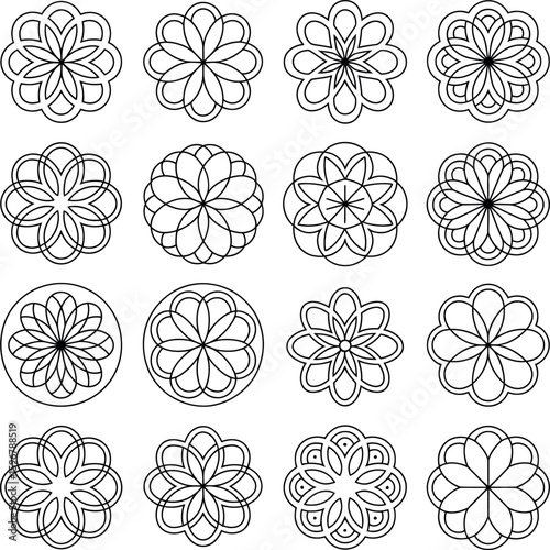 Sixteen black and white geometric floral mandala patterns on white background vector