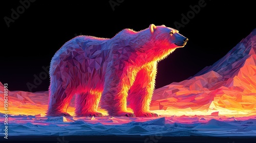 Fiery Polar Bear in a Low-Poly Arctic Landscape