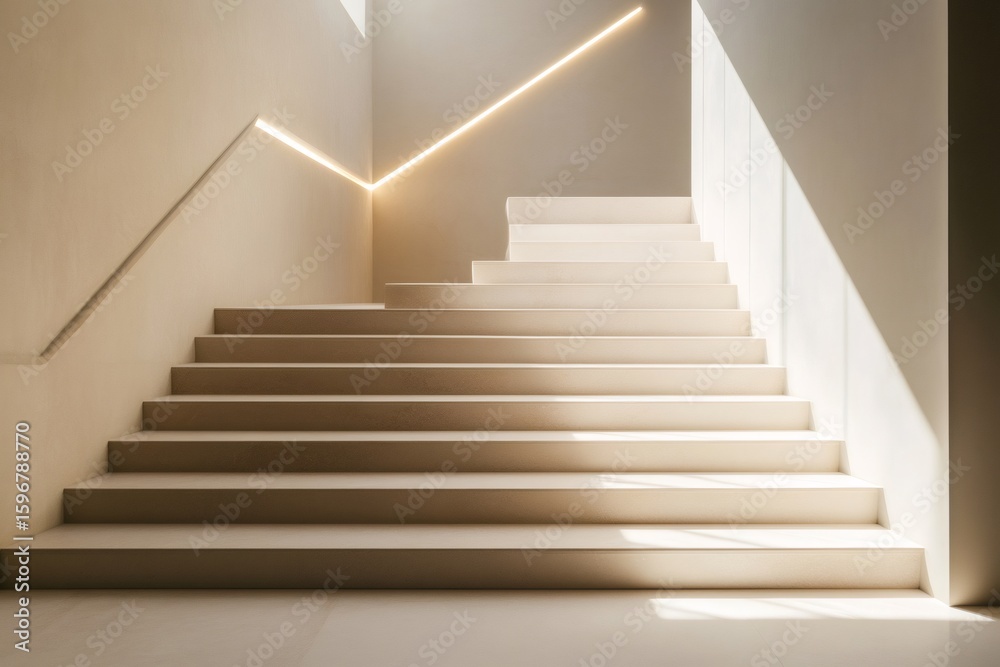 Fototapeta premium Elegant staircase featuring clean lines and no railings, illuminated by sleek, integrated lighting, creating a modern architectural aesthetic