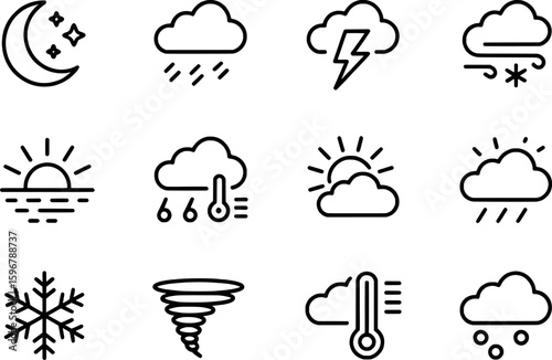 Weather icons depicting celestial bodies clouds and atmospheric phenomena forecast