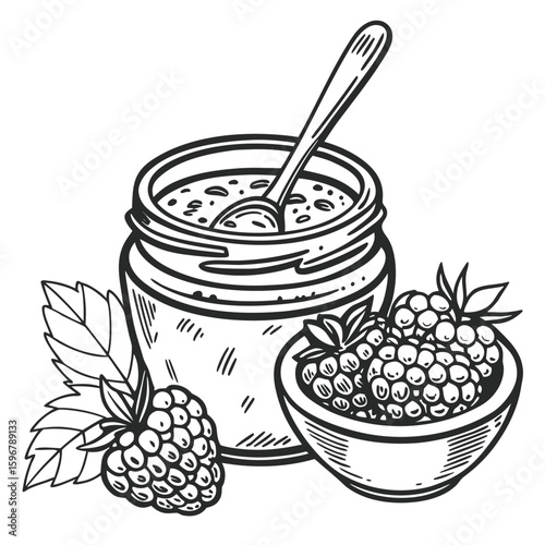 Vector art of a jar of raspberry jam with fresh raspberries and a spoon illustration