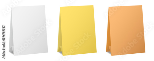 Set of table cards. White, yellow and orange bent sheets. Tent table card, nameplate
