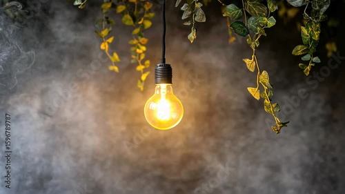 Vintage light bulbs hanging amidst greenery and fog evoking a warm, ethereal ambience