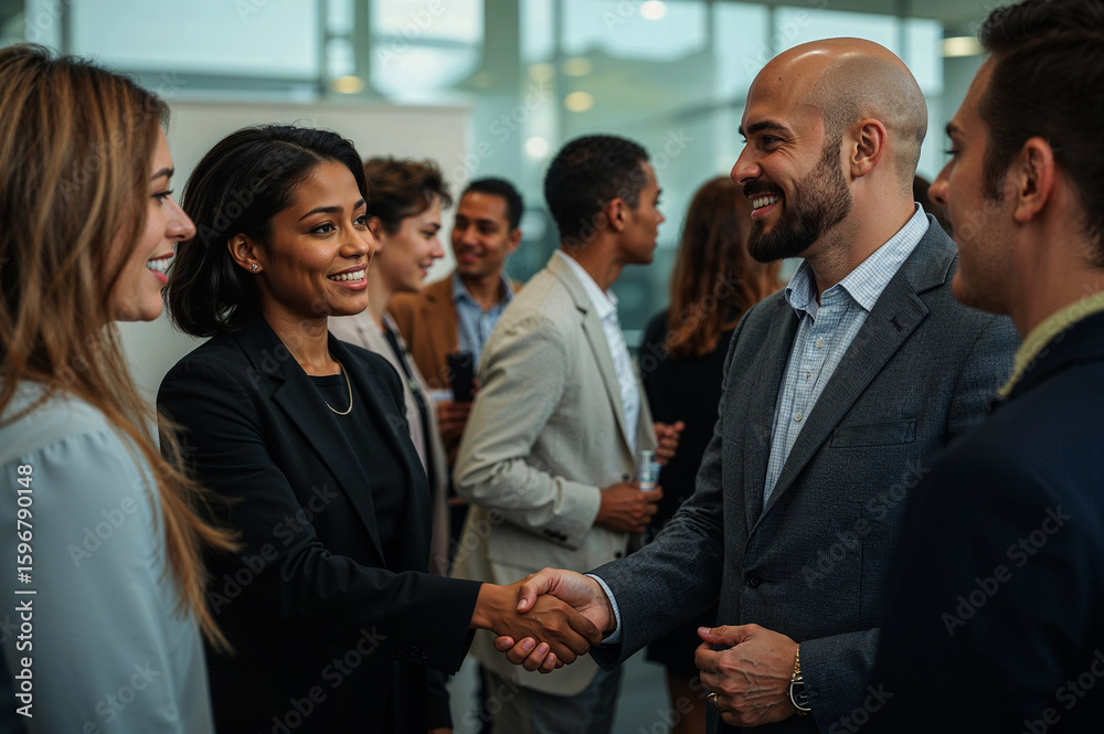 Business professionals shaking hands and smiling at a networking event in a modern office, A diverse group of colleagues networking and building relationships at a corporate gathering Business professionals shaking hands and smiling at a networking event in a modern office, A diverse group of colleagues networking and building relationships at a corporate gathering