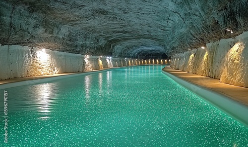 Illuminated Indoor Pool at Night with Teal Water and Stone Walls