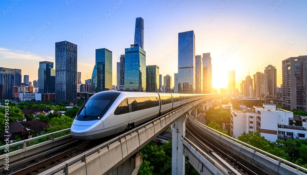 Fototapeta premium Modern train on elevated tracks, city sunrise