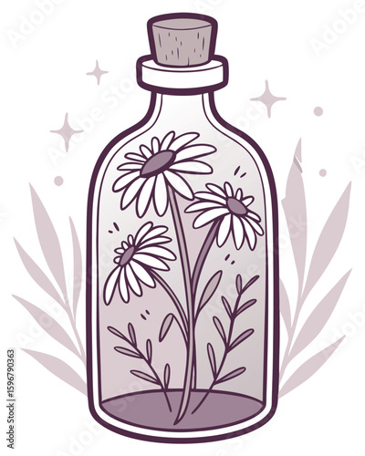 Daisies in a bottle with leaves and stars flowers plants
