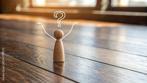 Wooden figure pondering with a glowing question mark above