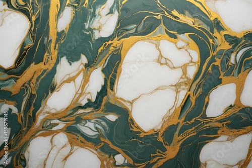 Abstract Marble Effect Painting - Green and Gold Fluid Art Background