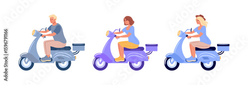 Three stylish individuals joyfully riding scooters embody a fun and carefree urban lifestyle. Their trendy outfits and dynamic poses capture the essence of excitement and freedom in the city.
