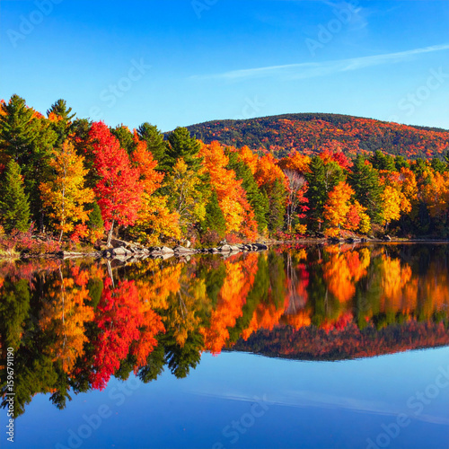 Golden Autumn Trees Reflecting in Still Pond – New England Fall Scene