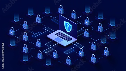 Cyber Security Network Protection Concept with Laptop and Padlocks