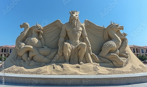 Intricate Sand Sculpture of a Ruler and Mythological Creatures on a Sunny Beach