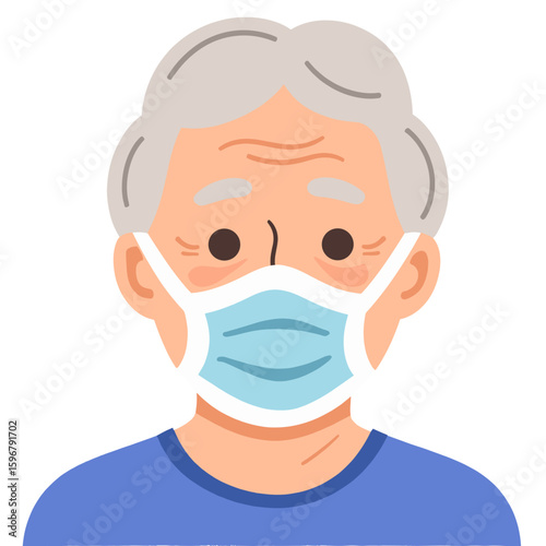 Elderly in medical mask. Senior person wearing face covering. Mature adult in protective gear. Old person staying safe indoors. Elderly set